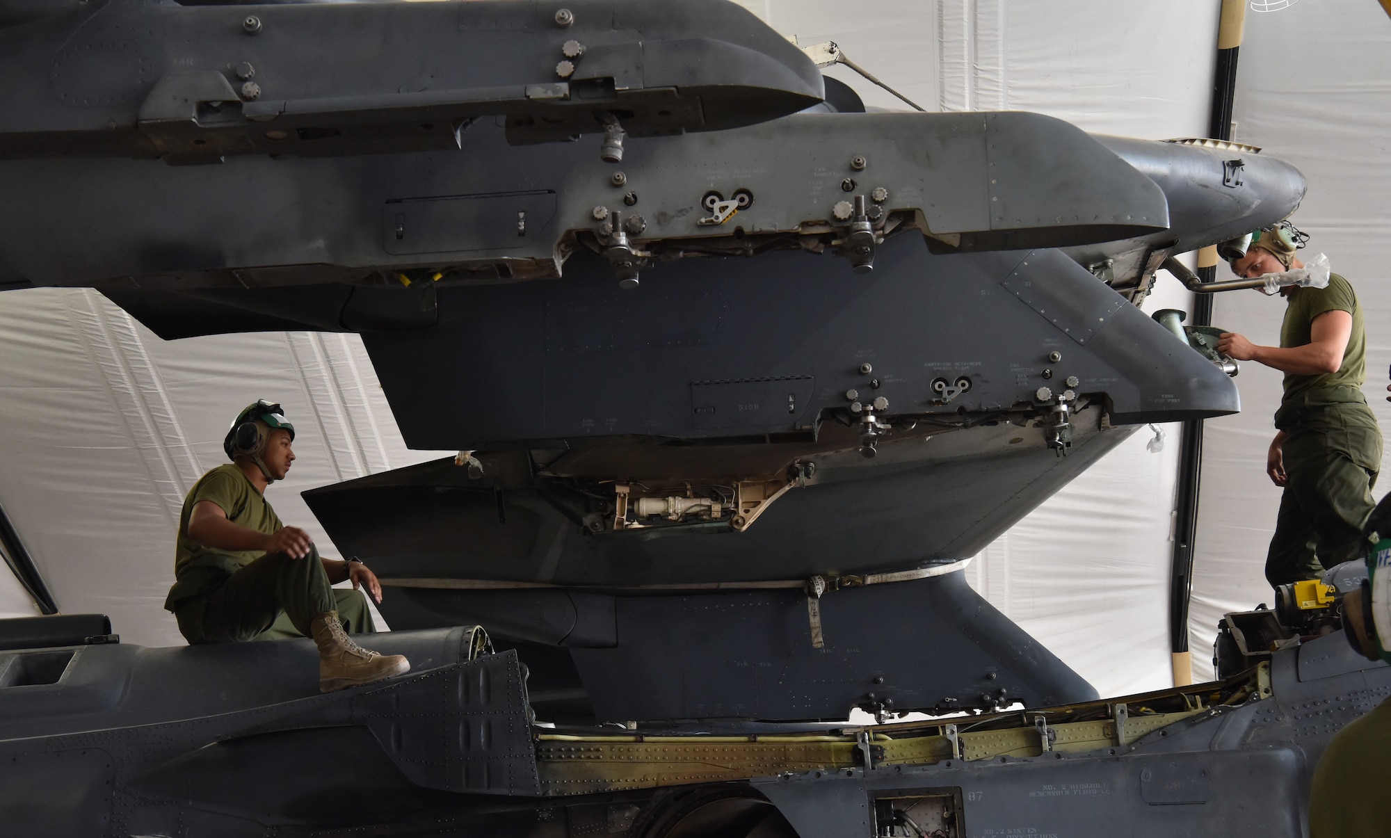 Marines replace Harrier engine at Prince Sultan Air Base, Kingdom of Saudi Arabia.