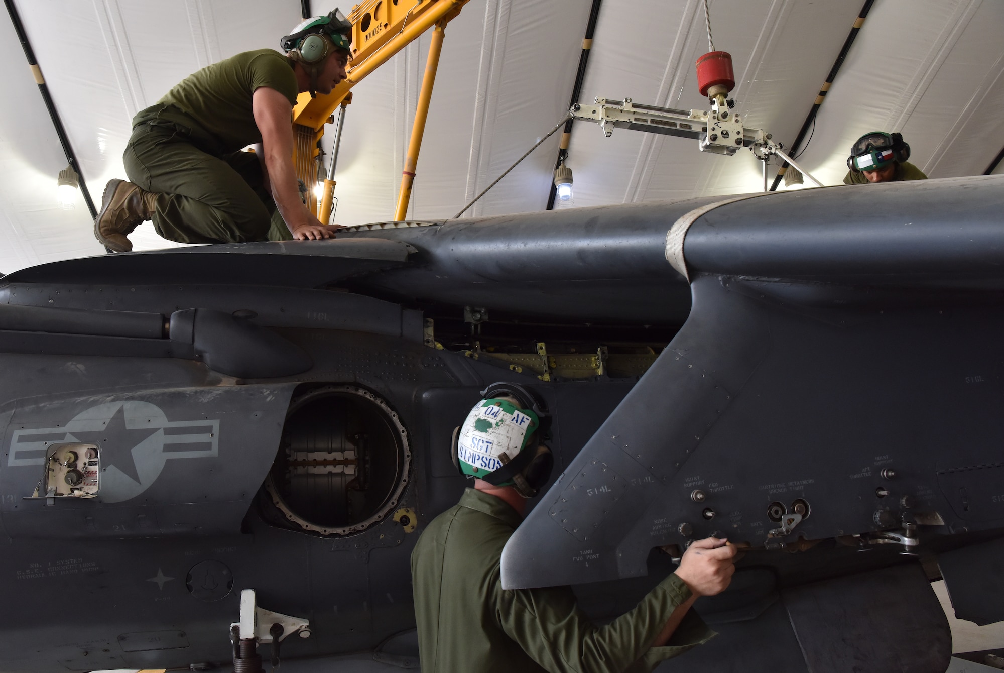 Marines replace Harrier engine at Prince Sultan Air Base, Kingdom of Saudi Arabia.
