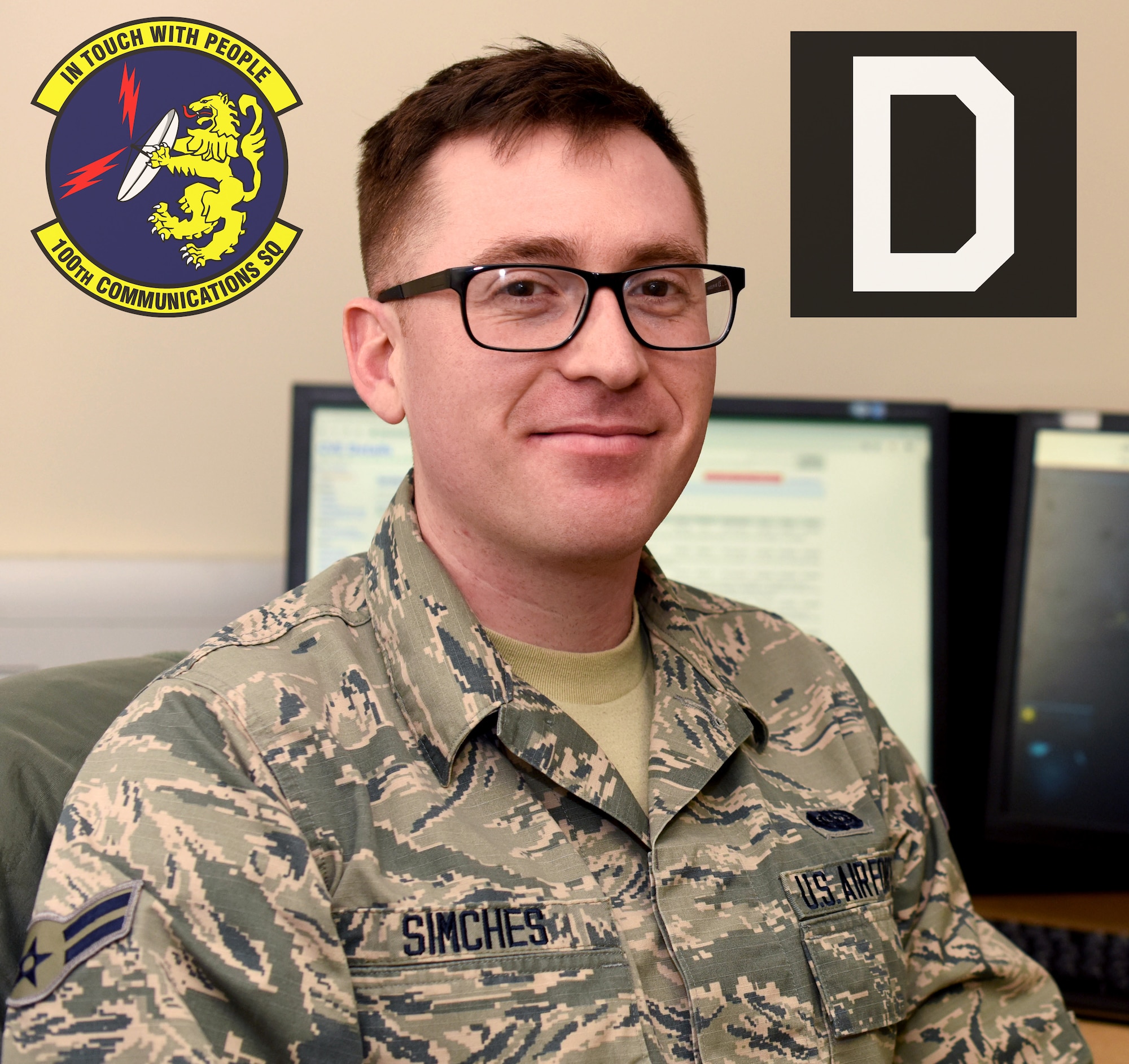 Airman 1st Class Gabriel Simches, 100th Communications Squadron cyber defense operator, is working towards utilizing mobile device management software on Air Force issued mobile devices to increase security, reduce risk of data compromise and reduce man hours within the squadron. (U.S. Air Force photo illustration by Senior Airman Brandon Esau)