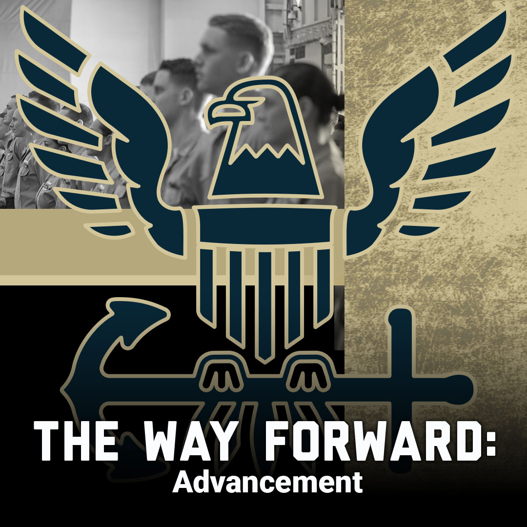 The way forward: Advancement thumbnail showing navy logo and picture of Sailors