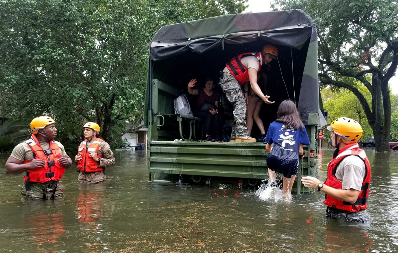 Texas Army National Guard Soldiers rescue Houston residents from floodwaters caused by Hurricane Harvey in 2017. As the 2020 hurricane season ramps up, National Guard members throughout the country stand ready to respond if needed.