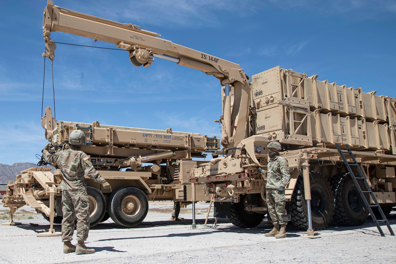 Soldiers prepare a Patriot missile system.