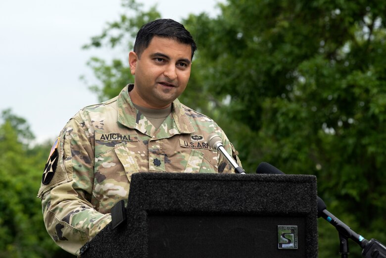 Lt. Col. Sonny Avichal, U.S. Army Corps of Engineers Nashville District commander, addresses guests during the Lock 2 Park Historical Marker dedication June 24, 2020 in Nashville, Tennessee. The U.S. Army Corps of Engineers Nashville District operated the old navigation lock from 1907 to 1956. Remnants of the lock’s land wall, a lockmaster’s home, and other out buildings remain at Lock 2 Park. (USACE Photo by Lee Roberts)