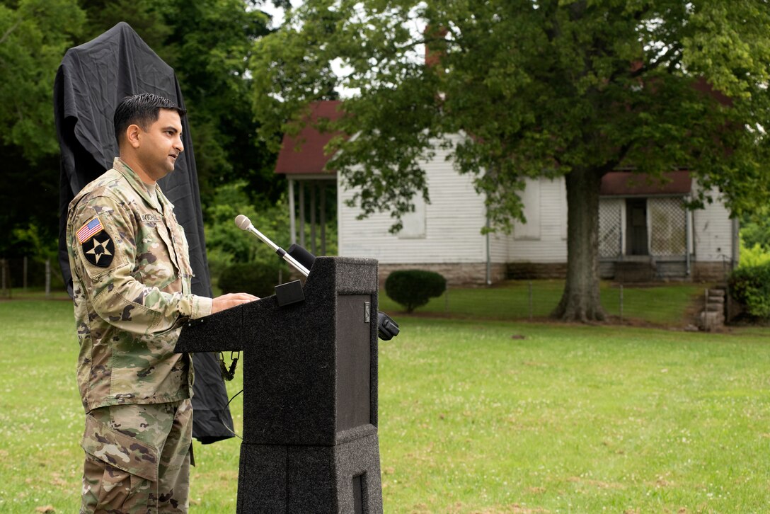 Lt. Col. Sonny Avichal, U.S. Army Corps of Engineers Nashville District commander, addresses guests during the Lock 2 Park Historical Marker dedication June 24, 2020 in Nashville, Tennessee. The U.S. Army Corps of Engineers Nashville District operated the old navigation lock from 1907 to 1956. Remnants of the lock’s land wall, a lockmaster’s home (in background), and other out buildings remain at Lock 2 Park. (USACE Photo by Lee Roberts)