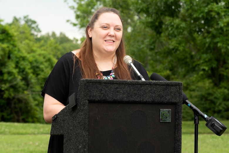 Jessica Reeves, who oversees the historic markers program with the Metro Historical Commission, addresses guests during the Lock 2 Park Historical Marker dedication June 24, 2020 in Nashville, Tennessee. The U.S. Army Corps of Engineers Nashville District operated the old navigation lock from 1907 to 1956. Remnants of the lock’s land wall, a lockmaster’s home, and other out buildings remain at Lock 2 Park. (USACE Photo by Lee Roberts)