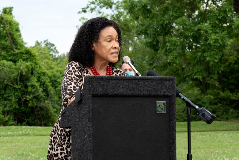 Jackie Jones, community affairs superintendent for Metro Parks, welcomes guests to the Lock 2 Park Historical Marker dedication June 24, 2020. The U.S. Army Corps of Engineers Nashville District operated the old navigation lock from 1907 to 1956. Remnants of the lock’s land wall, a lockmaster’s home, and other out buildings remain at Lock 2 Park. (USACE Photo by Lee Roberts)
