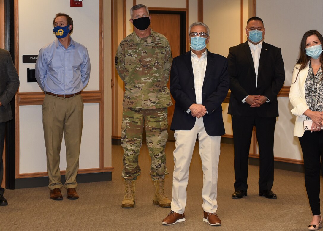 U.S. Air Force Col. Tony England, 17th Mission Support Group commander, wears a face mask while attending a community partnership facility tour at Angelo State University, in San Angelo, Texas, June 23, 2020.  Throughout the course of the day, there was mention of several agreements and understandings that Goodfellow Air Force Base and ASU have, while following COVID-19 precautions such as social distancing and wearing of masks or virtual support, despite the pandemic. (U.S. Air Force photo by Airman 1st Class Abbey Rieves)