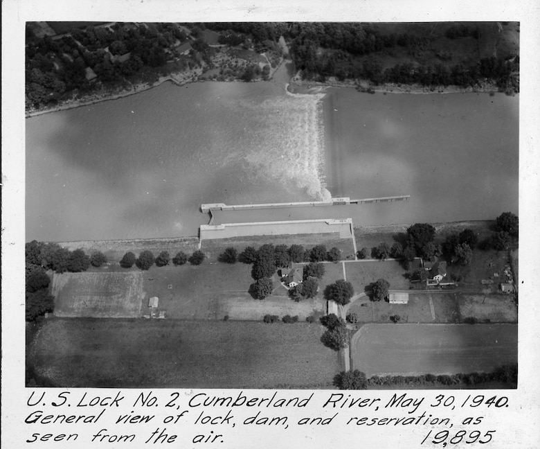 This is an aerial view of Lock 2 on the Cumberland River in Nashville, Tennessee, May 30, 1940. The general view is seen looking upstream. The U.S. Army Corps of Engineers Nashville District built Lock and Dam 2 at this location to establish a navigation channel.  The structure was later replaced by today's modern dams. (USACE Photo)