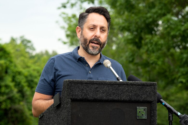 Jeff Syracuse, Nashville Metro council member for District 15, addresses guests during the Lock 2 Park Historical Marker dedication June 24, 2020 in Nashville, Tennessee. The U.S. Army Corps of Engineers Nashville District operated the old navigation lock from 1907 to 1956. Remnants of the lock’s land wall, a lockmaster’s home, and other out buildings remain at Lock 2 Park. (USACE Photo by Lee Roberts)