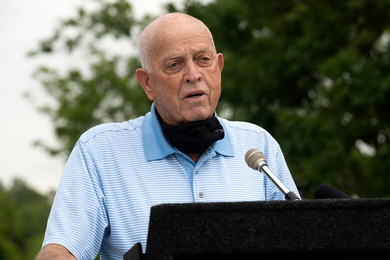 Bill Holman, son of former Lock 2 Lockmaster Red Holman, talks about his childhood growing up on the Lock 2 Reservation when his dad supervised operations at Lock and Dam 2 on the Cumberland River.  Holman joined other officials at the Lock 2 Park Historical Marker dedication June 24, 2020. The U.S. Army Corps of Engineers Nashville District operated the old navigation lock from 1907 to 1956. Remnants of the lock’s land wall, a lockmaster’s home, and other out buildings remain at Lock 2 Park. (USACE Photo by Lee Roberts)