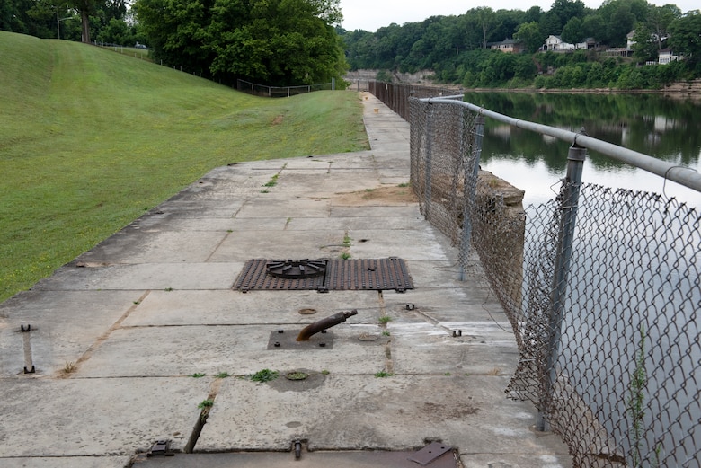 Officials dedicated the Lock 2 Park Historical Marker dedication June 24, 2020. This is the land wall on the shoreline of the Cumberland River in Nashville, Tennessee. The U.S. Army Corps of Engineers Nashville District operated the old navigation lock from 1907 to 1956. Remnants of the lock’s land wall, a lockmaster’s home, and other out buildings remain at Lock 2 Park. (USACE Photo by Lee Roberts)