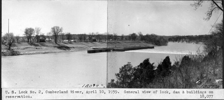 This is a general view of Lock and Dam 2 and buildings on the Cumberland River in Nashville, Tennessee, April 10, 1939. The U.S. Army Corps of Engineers Nashville District built Lock and Dam 2 at this location to establish a navigation channel.  The structure was later replaced by today's modern dams. (USACE Photo)