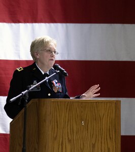 Army Maj. Gen. Laurie Hummel makes remarks during her January 2019 retirement ceremony as the adjutant general of the Alaska National Guard. Hummel came out of retirement to become the National Guard Bureau inspector general in May 2020.