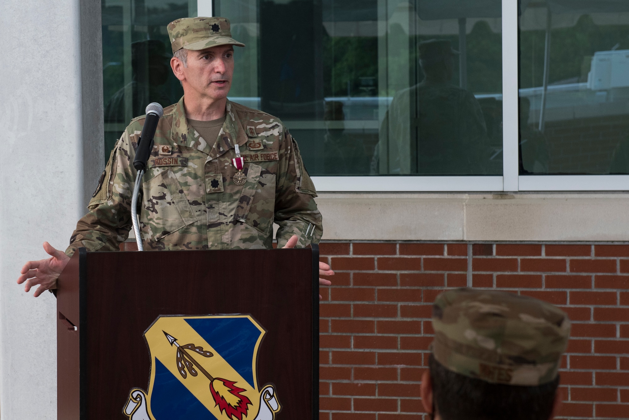 Lt. Col. Robert Russin, 4th Medical Support Squadron commander speaks before relinquishing command during a ceremony at the Thomas Koritz Clinic, Seymour Johnson Air Force Base, North Carolina, June 23, 2020. Russin is heading to Joint Base San Antonio Lackland, Texas. (U.S. Air Force photo by Senior Airman Kenneth Boyton)