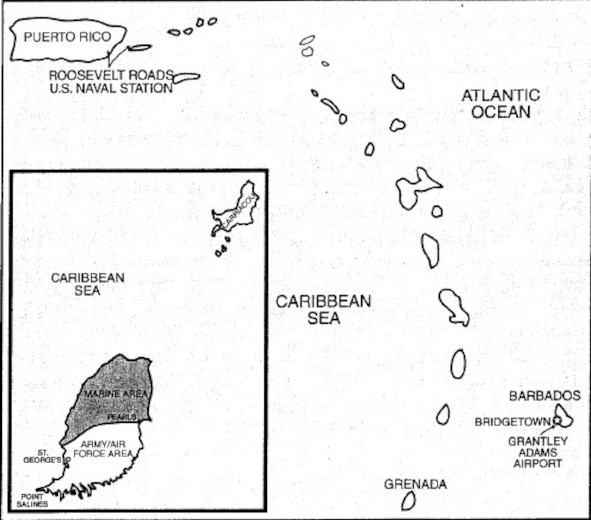 This is the area of U.S. Air Force operations during URGENT FURY. The inset highlights the areas of operational responsibilities on Grenada during this time. (Courtesy Air Force History and Museums Program Publication: Short of War: Major USAF Contingency Operations 1947-1997)