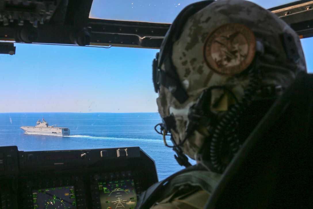 A U.S. Marine prepares to land aboard the French Navy amphibious assault ship Mistral, June 24.