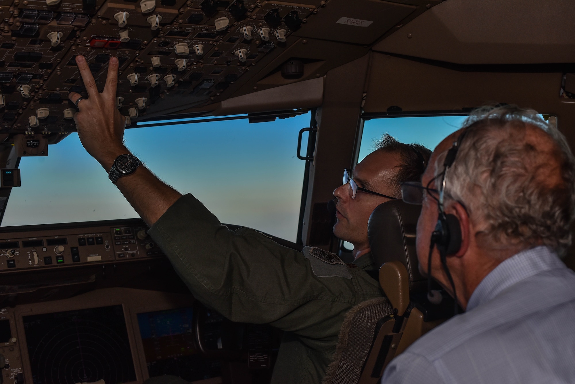 Senator Jerry Moran, right, observed Maj Jordan Kemp, 18th Air Refueling Squadron, Aircrew Training Detachment Director of Operations, during a flight on a KC-46A Pegasus June 10, 2020, at McConnell Air Force Base, Kansas. Kemp showed Moran and Congressman Ron Estes the aircraft’s aerial refueling functionality during a local sortie with another KC-46, carrying Secretary of the Air Force, Barbara Barrett. (U.S. Air Force photo by Airman 1st Class Marc A. Garcia)