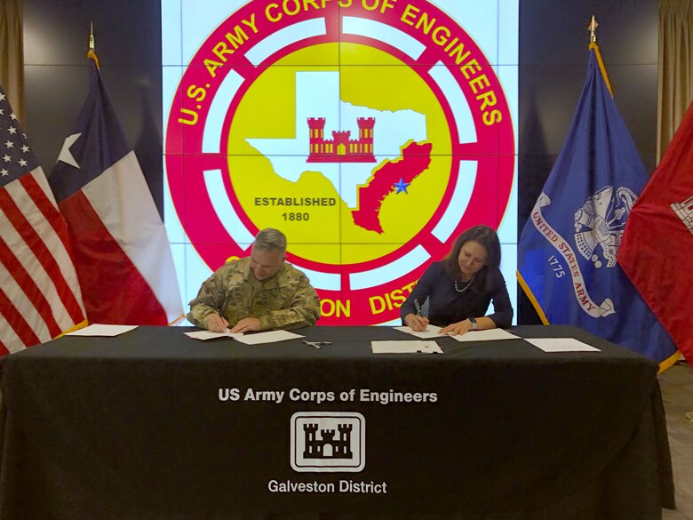 Col. Timothy Vail, The U.S. Army Corps of Engineers (USACE) Galveston District commander and Phyllis Saathoff, Executive Director and CEO, Port Freeport, sign the Project Partnership Agreement (PPA) effective June 23, 2020, for the Freeport Harbor Channel Improvement Project (FHCIP) to deepen and widen the Freeport Channel.