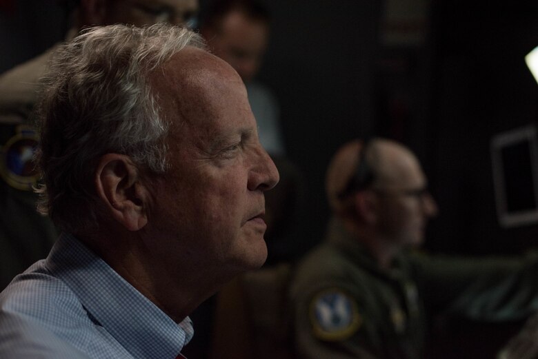 Senator Jerry Moran, left, was shown the KC-46A boom capabilities by Chief Master Sgt. James Guldjord, 18th Air Refueling Squadron Superintendent, during a local sortie on June 10, 2020, at McConnell Air Force Base, Kansas. (U.S. Air Force photo by Airman 1st Class Marc A. Garcia)