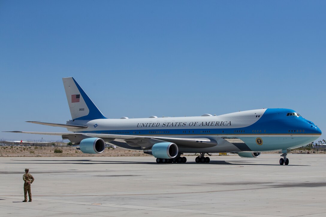 President Donald J. Trump departs from a flight aboard Marine Corps Air Station (MCAS) Yuma as part of a visit to the border wall on June 23, 2020.