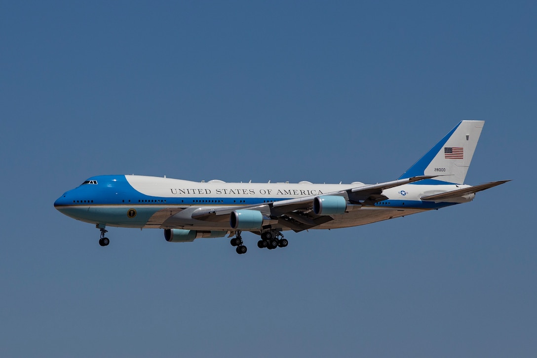 President Donald J. Trump departs from a flight aboard Marine Corps Air Station (MCAS) Yuma as part of a visit to the border wall on June 23, 2020.