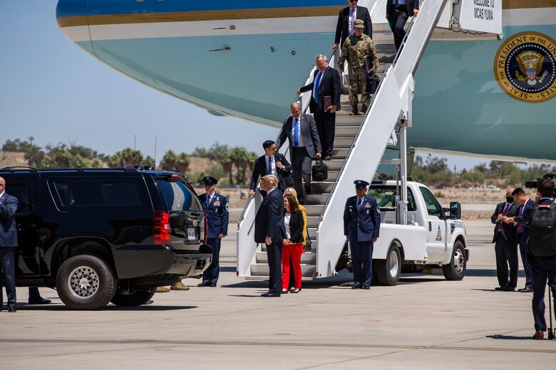 President Donald J. Trump departs from a flight aboard Marine Corps Air Station (MCAS) Yuma as part of a visit to the border wall on June 23, 2020. (U.S. Marine Corps photo by LCpl Gabrielle Sanders)