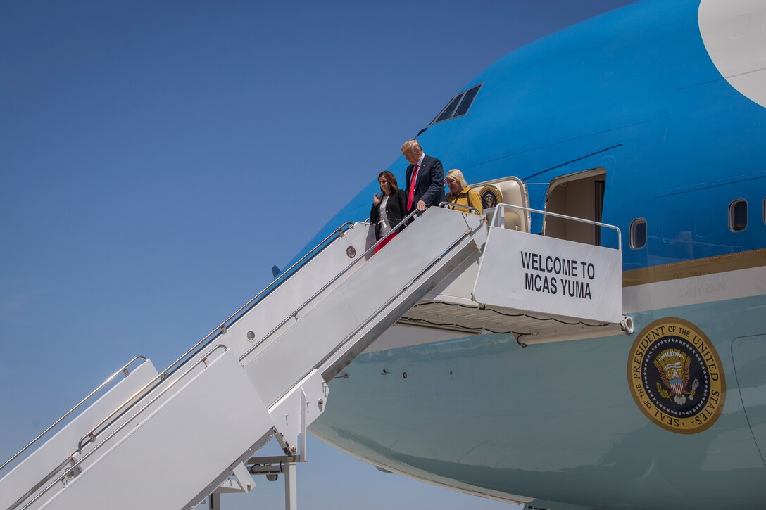 President Donald J. Trump departs from a flight aboard Marine Corps Air Station Yuma (MCAS) Yuma as part of a visit to the border wall on June 23, 2020.