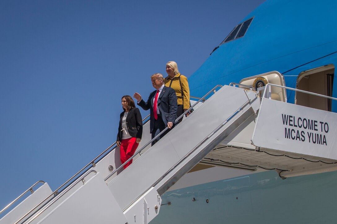 President Donald J. Trump departs from a flight aboard Marine Corps Air Station Yuma (MCAS) Yuma as part of a visit to the border wall on June 23, 2020.