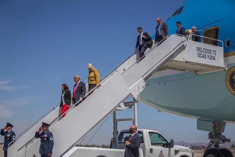 President Donald J. Trump departs from a flight aboard Marine Corps Air Station Yuma (MCAS) Yuma as part of a visit to the border wall on June 23, 2020. (U.S. Marine Corps photo by Lance Cpl John Hall)