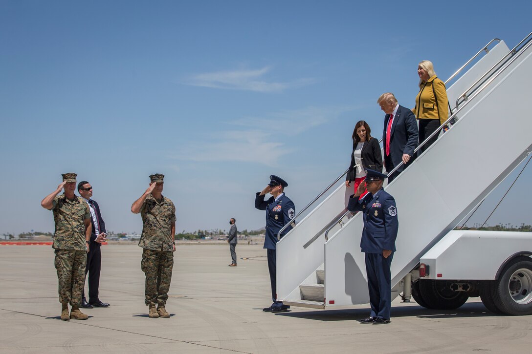 President Donald J. Trump departs from a flight aboard Marine Corps Air Station Yuma (MCAS) Yuma as part of a visit to the border wall on June 23, 2020. (U.S. Marine Corps photo by Lance Cpl John Hall)