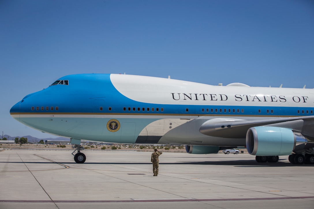 President Donald J. Trump departs from a flight aboard Marine Corps Air Station Yuma (MCAS) Yuma as part of a visit to the border wall on June 23, 2020.