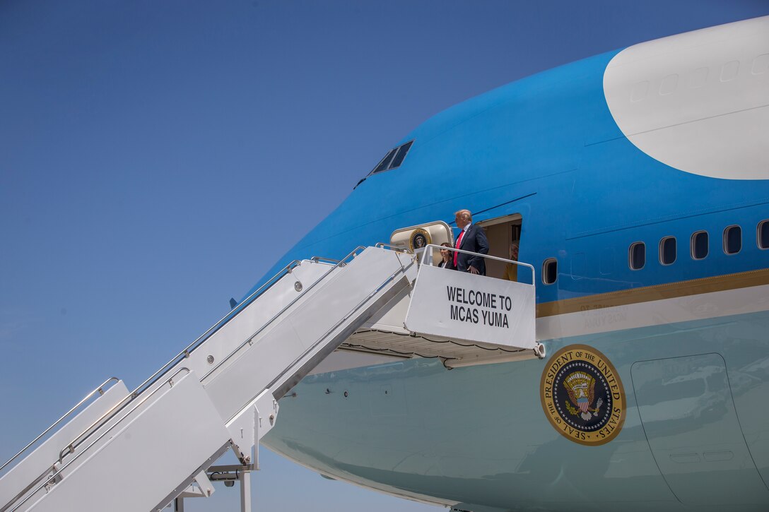 President Donald J. Trump departs from a flight aboard Marine Corps Air Station Yuma (MCAS) Yuma as part of a visit to the border wall on June 23, 2020.