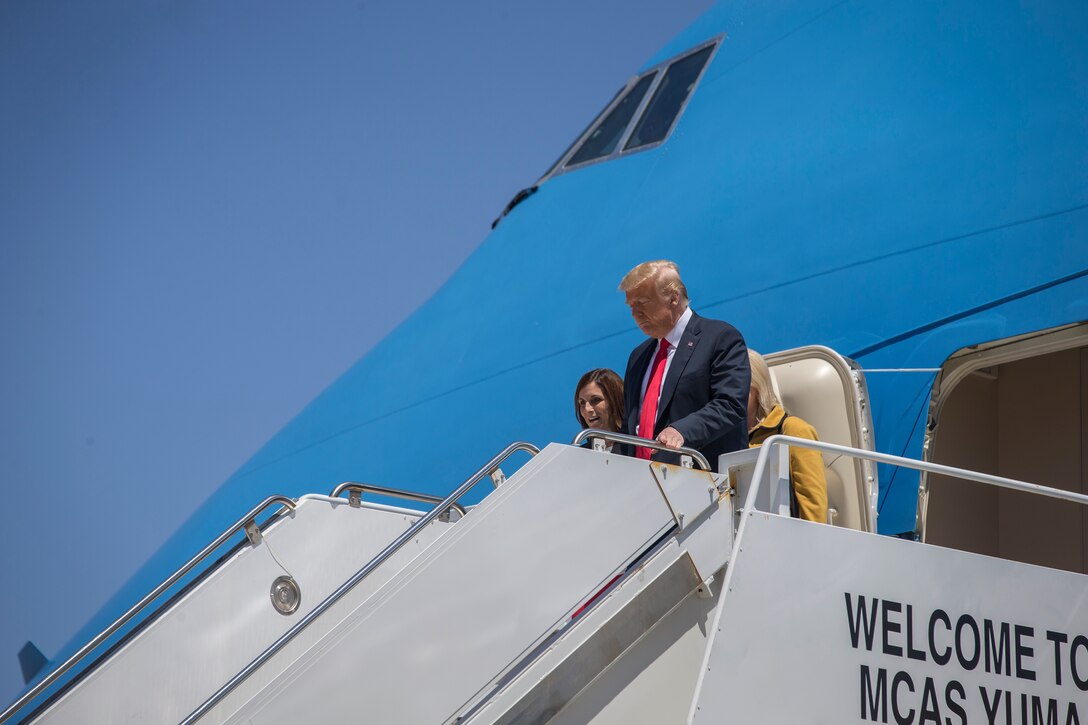 President Donald J. Trump departs from a flight aboard Marine Corps Air Station Yuma (MCAS) Yuma as part of a visit to the border wall on June 23, 2020. (U.S. Marine Corps photo by Lance Cpl John Hall)