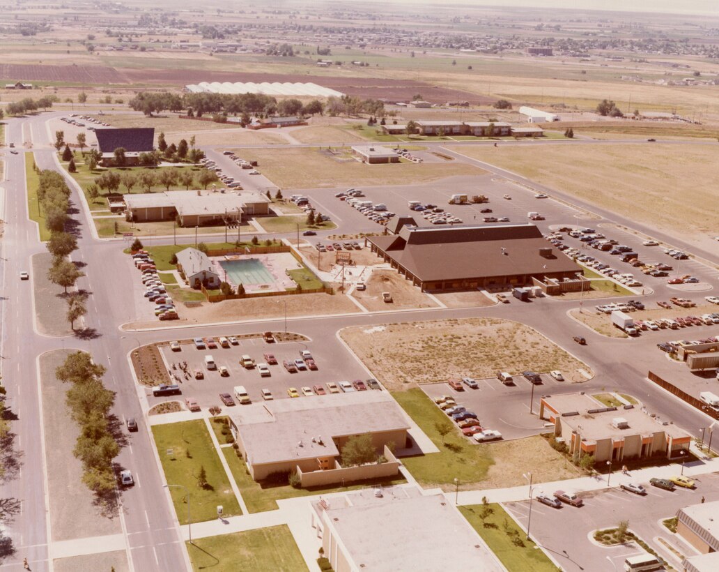 Aerial view of Hill AFB, from the north looking south along E Ave. (left of photo) from about 6th St., c. 1979.