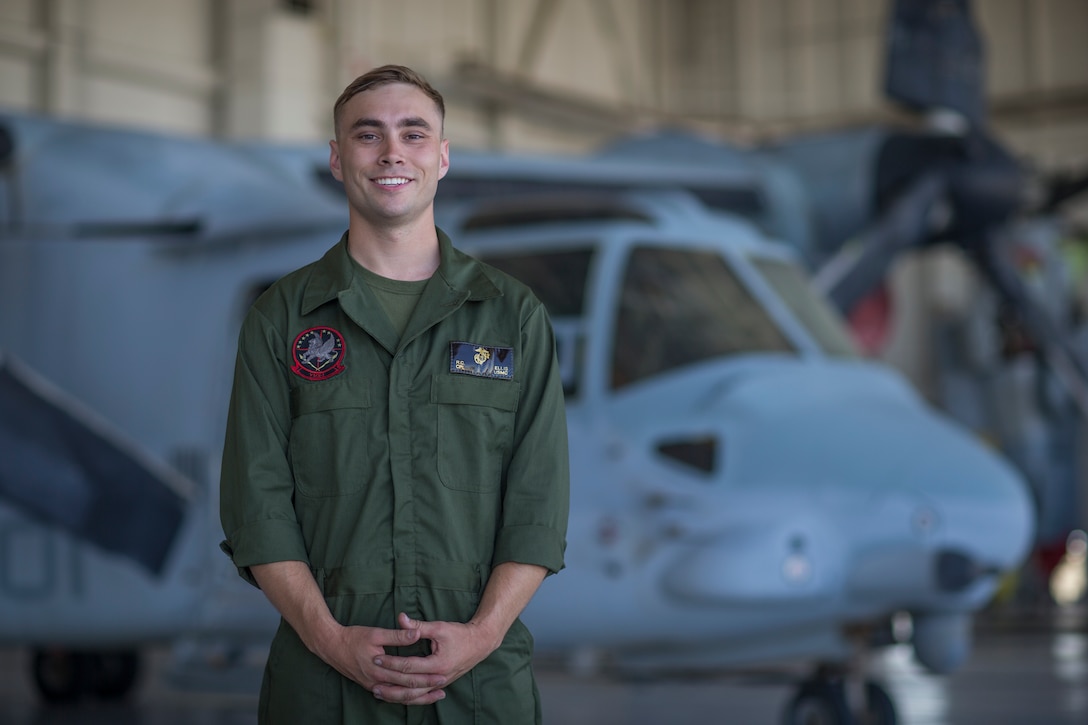 U.S. Marines Corps Cpl Reid Ellis Jr, a MV-22 tiltrotor mechanic with Marine Operational Test and Evaluation Squadron (VMX) 1, poses for imagery on Marine Corps Air Station (MCAS) Yuma, June 18, 2020. VMX-1 is an operational test squadron that tests multiple aircraft, allowing the continuation of improving the safety, reliability, and lethality of Marine Corps aircraft. (U.S. Marine Corps photo by Lance Cpl John Hall)