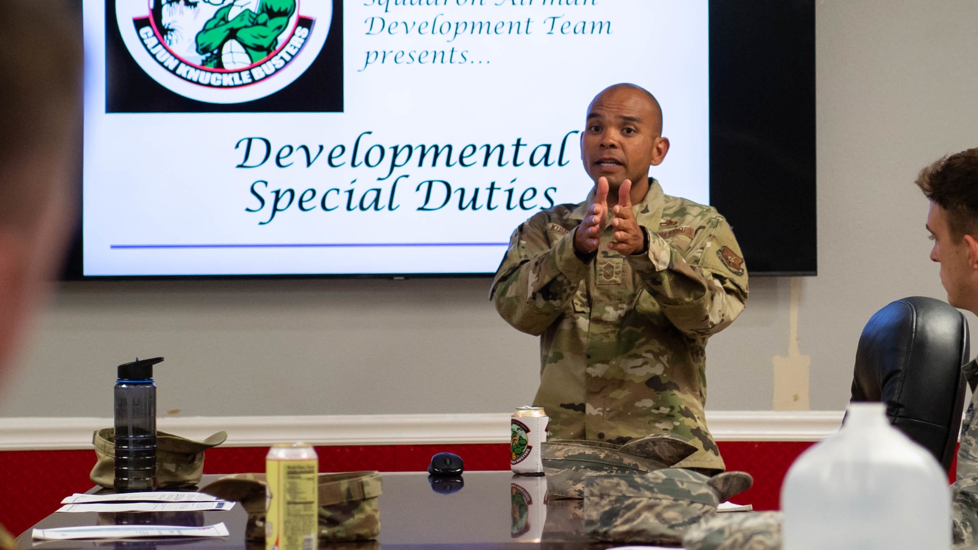 Senior Master Sgt. Michael R. Kumiyama, 2nd Aircraft Maintenance Squadron aerospace ground equipment flight chief, speaks to Airmen during a Knuckle Buster Academy class at Barksdale Air Force Base, La., June 17, 2020. The Knuckle Buster Academy is a class that is held every week and is used to develop Airmen as well as educate them on various Air Force programs. (U.S. Air Force photo by Airman 1st Class Jacob B. Wrightsman)