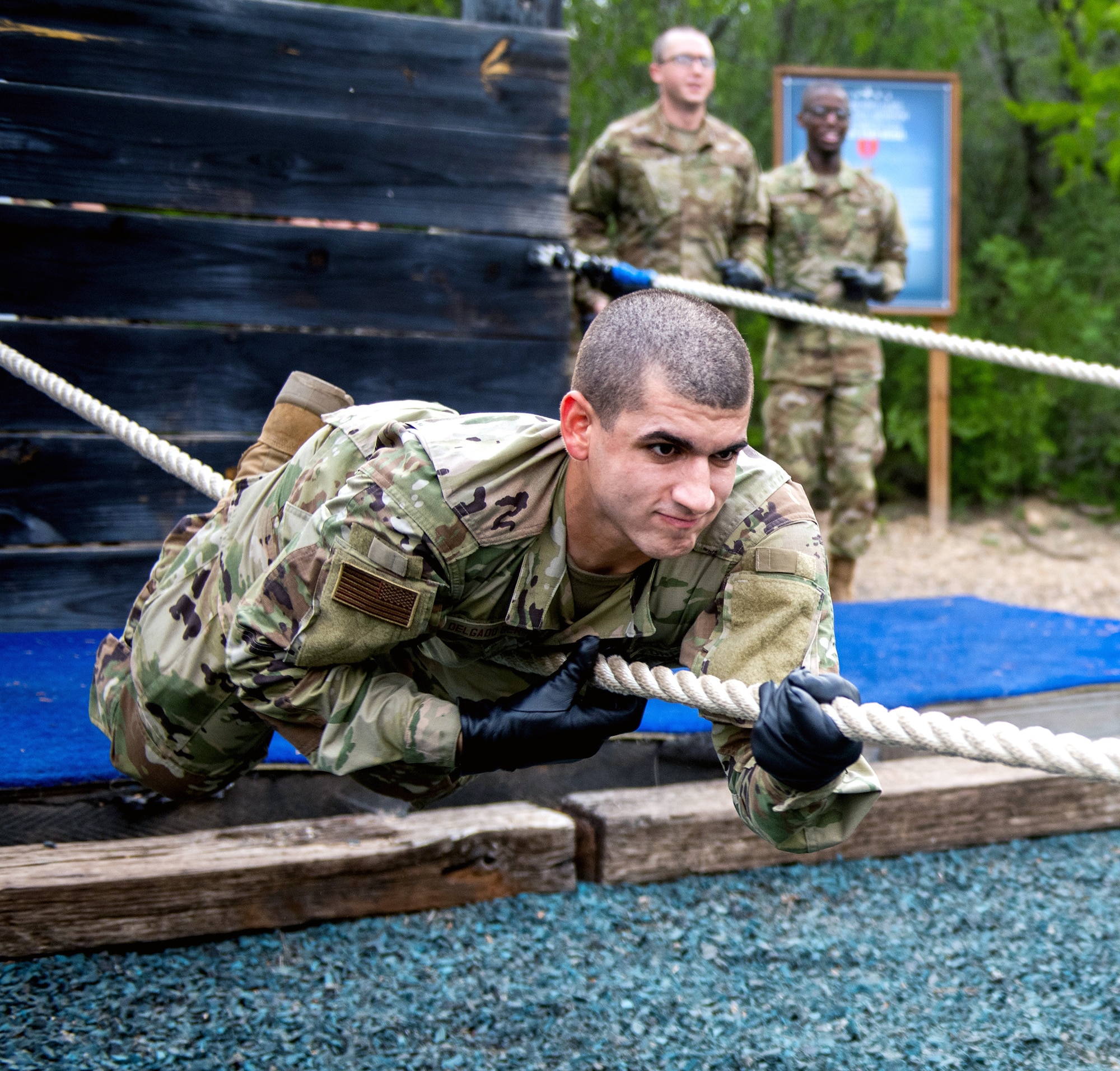 U.S. Air Force basic training trainee Alexie Delgado Berrios goes through the Leadership Reaction Course