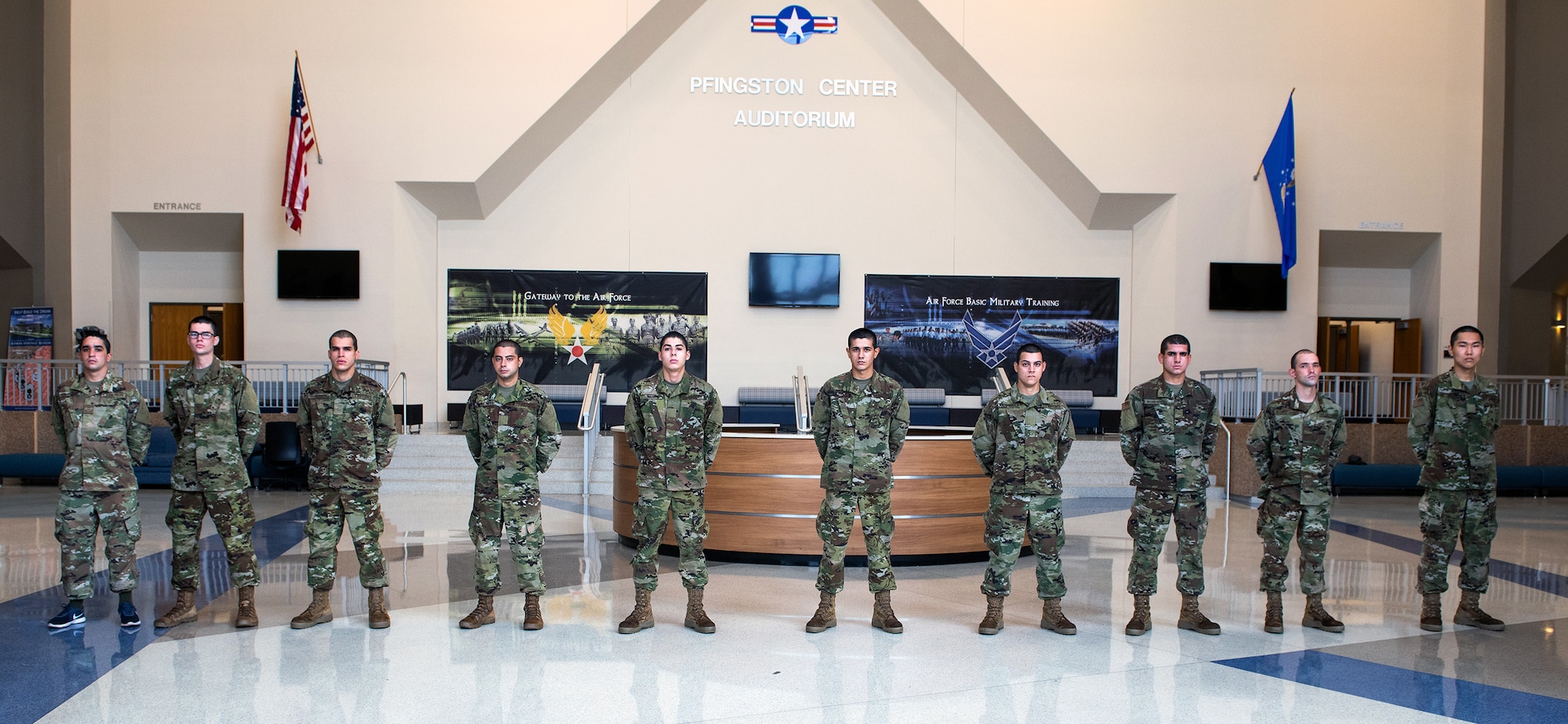 Ten U.S. Air Force Airmen part of the English language beta test pose for a group photo before their basic military training graduation ceremony June 18 at Joint Base San Antonio-Lackland.