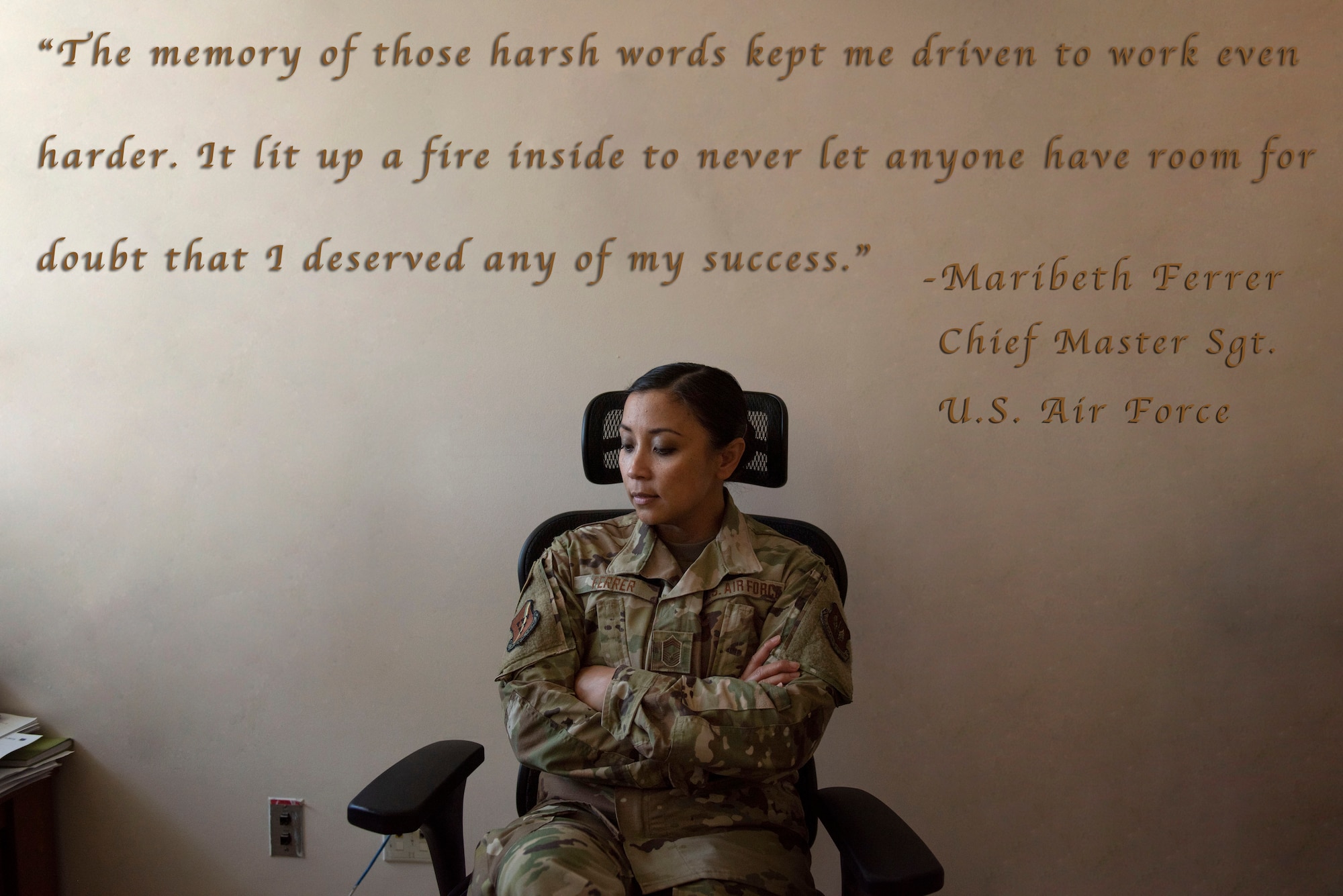 U.S. Air Force Chief Master Sgt. Maribeth Ferrer, 39th Medical Group Superintendent, poses for a photo in her office June 22, 2020, at Incirlik Air Base, Turkey. Ferrer faced discrimination as a woman of color in the early stages of her Air Force career, and now fights to create a culture where all Airmen feel safe and welcome. (U.S. Air Force illustration by Staff Sgt. Joshua Magbanua)