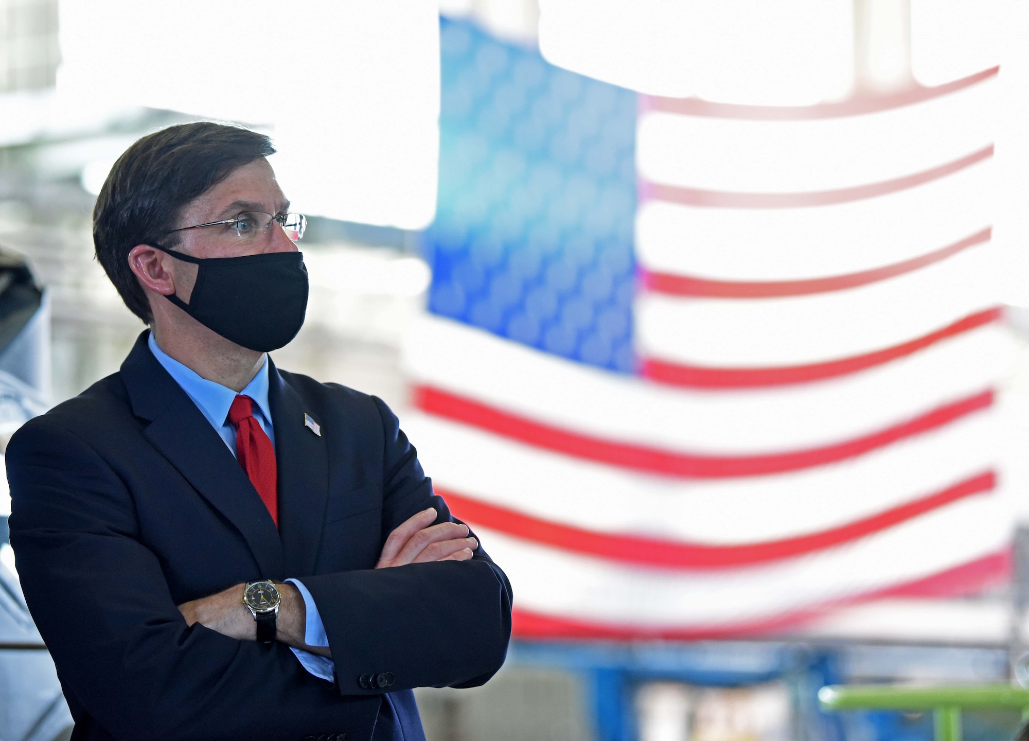 U.S. Secretary of Defense Dr. Mark T. Esper listens to mission briefings during a visit to RAF Mildenhall, England, June 25, 2020. Esper met with 100th Air Refueling Wing, 352nd Special Operations Wing, Royal Air Force and tenant unit leadership to learn of the various mission sets and discuss the base’s role in operations in both the European and African theaters. (U.S. Air Force photo by Senior Airman Brandon Esau)