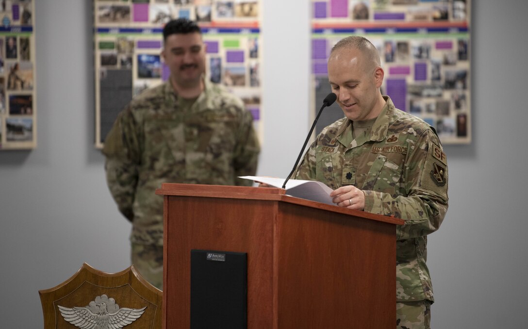 Lt. Col. Jason E. Stack speaks to the 316th Security Forces Squadron after assuming command during a change of command ceremony at Joint Base Andrews, Md., June 24, 2020.