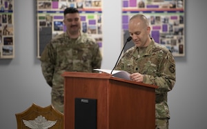 Lt. Col. Jason E. Stack speaks to the 316th Security Forces Squadron after assuming command during a change of command ceremony at Joint Base Andrews, Md., June 24, 2020.