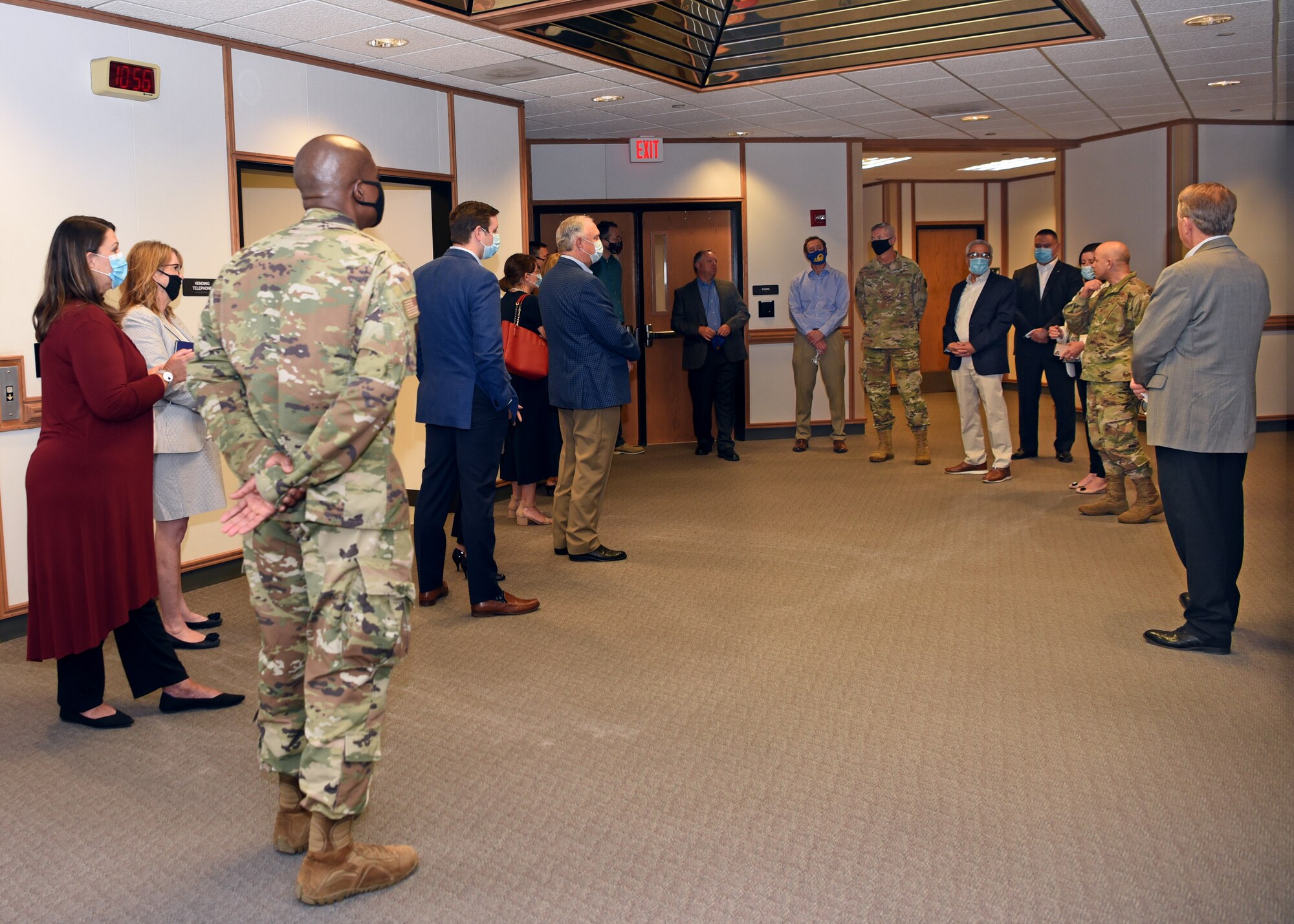 U.S. Air Force Col. James Finlayson, 17th Training Wing vice commander, Col. Tony England, 17th Mission Support Group commander, and Col. Andres Nazario, 17th TRW commander, discuss various ideas involving the potential to share cybersecurity resources between Goodfellow Air Force Base and local community partners at Angelo State University, in San Angelo, Texas, June 23, 2020. Goodfellow’s Joint Force mission to develop professionals on behalf of the Department of Defense is enhanced through community partnerships. (U.S. Air Force photo by Airman 1st Class Abbey Rieves)