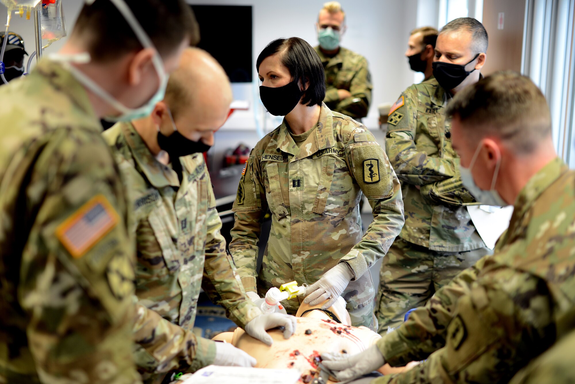 U.S. Army Capt. Jennifer Hensel, 67th Forward Resuscitative Surgical Team Nurse Anesthetist, provides ventilations via a bag valve mask to an intubated patient during a training scenario at the Medical Simulation Training Center, Ramstein Air Base, June 19, 2020.