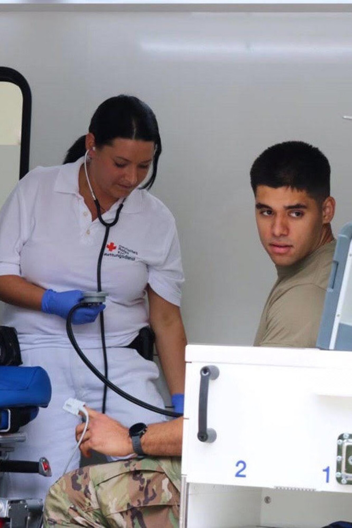 U.S. Air Force Airman 1st Class Raul Vargas, 786th Civil Engineer Squadron Emergency Management Logistics apprentice, is medically monitored to receive clearance to enter the scene as a responder on Team 1 at Landstuhl Regional Medical Center, Germany, June 16, 2020.