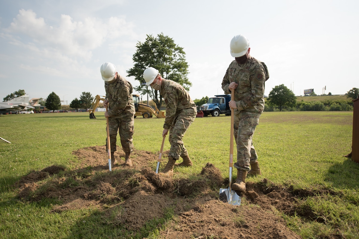 Brig. Gen. Hal Lamberton (left), adjutant general for the Commonwealth of Kentucky, Brig. Gen. Jeffrey Wilkinson (center), assistant adjutant general for Air, Kentucky Air National Guard, and Col. Dave Mounkes, commander of the 123rd Airlift Wing, break ground for a new $8.9 million Response Forces Facility at the Kentucky Air National Guard Base in Louisville, Ky., June 26, 2020. The 28,000-square-foot, two-story structure will house the Contingency Response Group, Security Forces Squadron, base honor guard and a medical detachment for the state’s CBRNE Enhanced Response Force Package. (U.S. Air National Guard photo by Phil Speck)