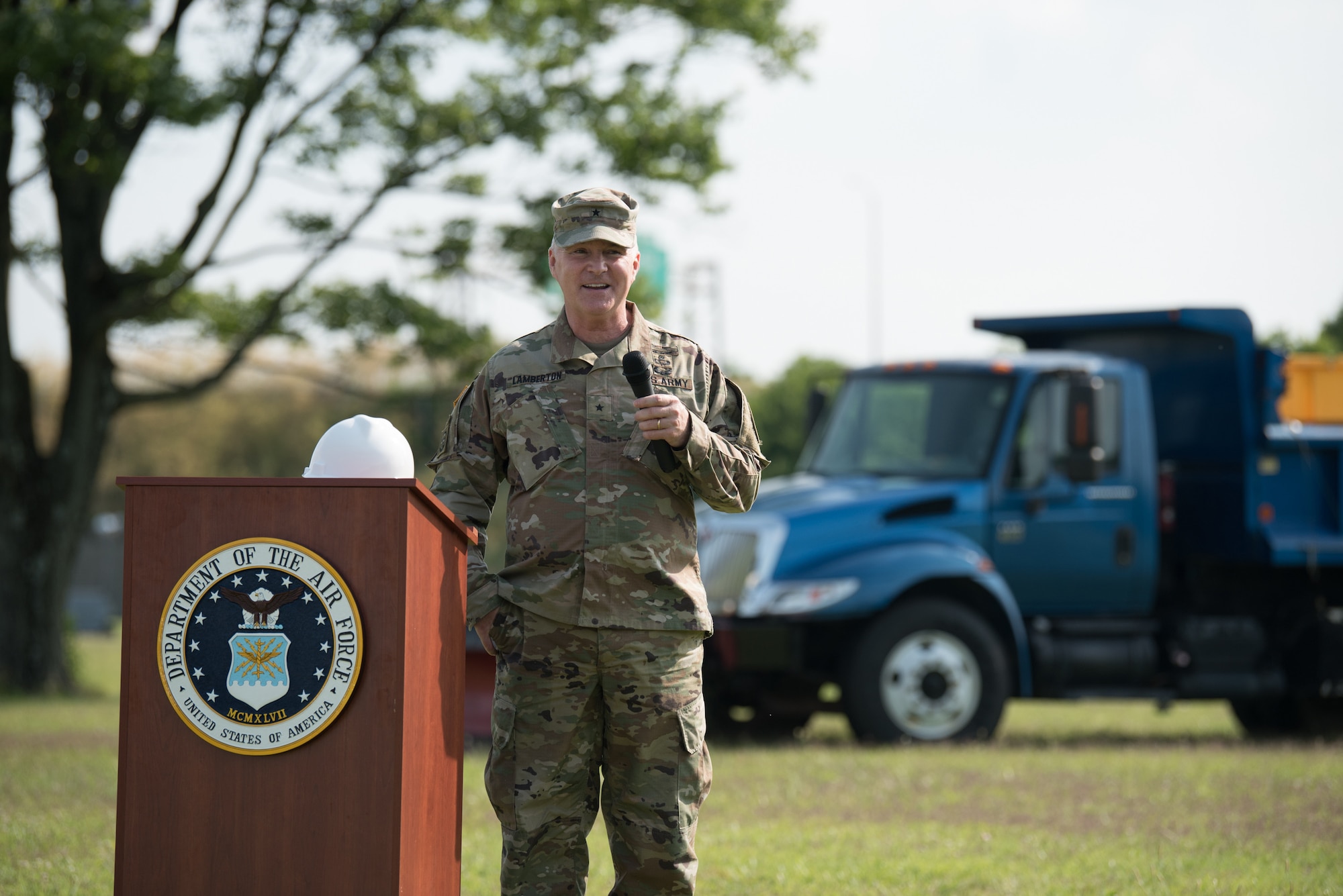 Brig. Gen. Hal Lamberton, adjutant general for the Commonwealth of Kentucky, speaks to a crowd of Airmen, family and friends during the ground-breaking ceremony for a new Response Forces Facility at the Kentucky Air National Guard Base in Louisville, Ky., June 26, 2020. The 28,000-square-foot, two-story structure will house the Contingency Response Group, Security Forces Squadron, base honor guard and a medical detachment for the state’s CBRNE Enhanced Response Force Package. (U.S. Air National Guard photo by Phil Speck)