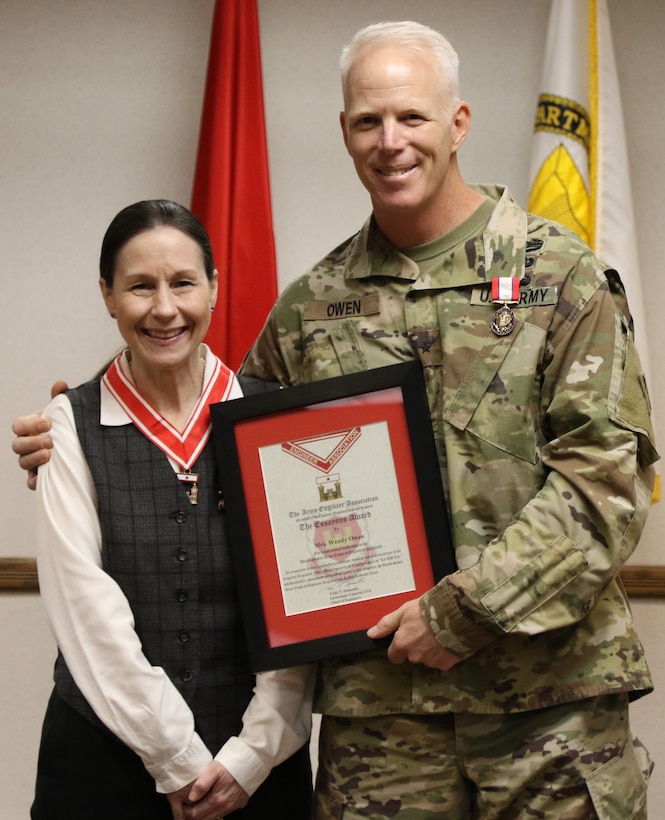 Southwestern Division Commander Brig. Gen. Paul Owen and his wife, Wendy, were recognized prior to the Division Change of Command ceremony June 25, at the Division Headquarters in Dallas, by Lt. Gen. Todd T. Semonite, the 54th Chief of Engineers and Commanding General of the U.S. Army Corps of Engineers. Brig. Gen. Owen was awarded the Distinguished Service Medal for his service to the Division and his spouse Wendy was presented with the Essayons Award for her dedication, devotion and selfless service to the Engineer Regiment.