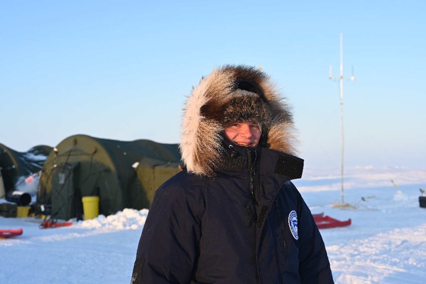 Dr. Nick Wright, a research physical scientist at the U.S. Army Engineer Research and Development Center’s Cold Regions Research and Engineering Laboratory, takes a walk around the tent encampment at the U.S. Navy ice camp in the Beaufort Sea on a brisk evening, with calm winds and temperatures at -30 degrees Fahrenheit, March 4, 2020.