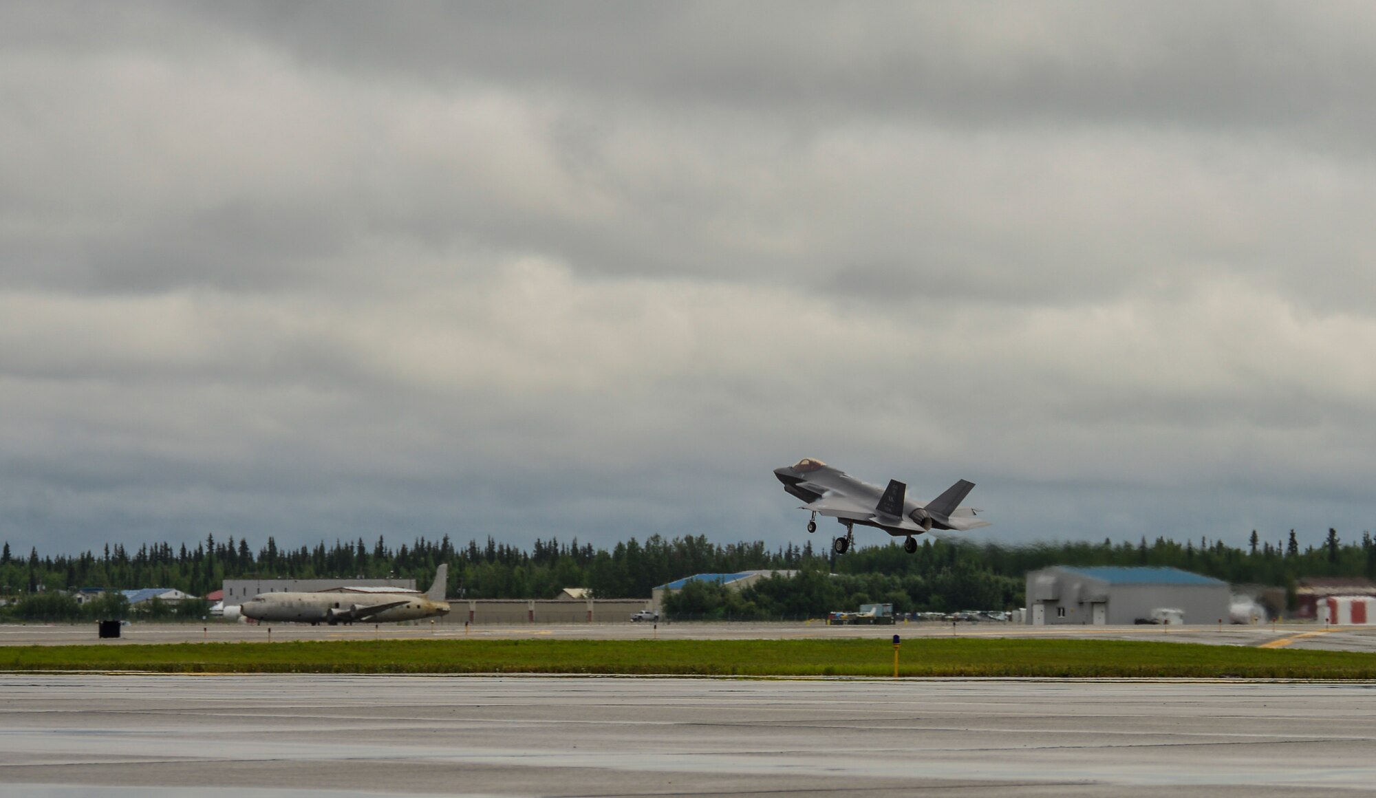 A U.S. Air Force F-35A Lightning II assigned to the 356th Fighter Squadron lands on the Fairbanks International Airport runway at Fairbanks, Alaska, June 24, 2020.